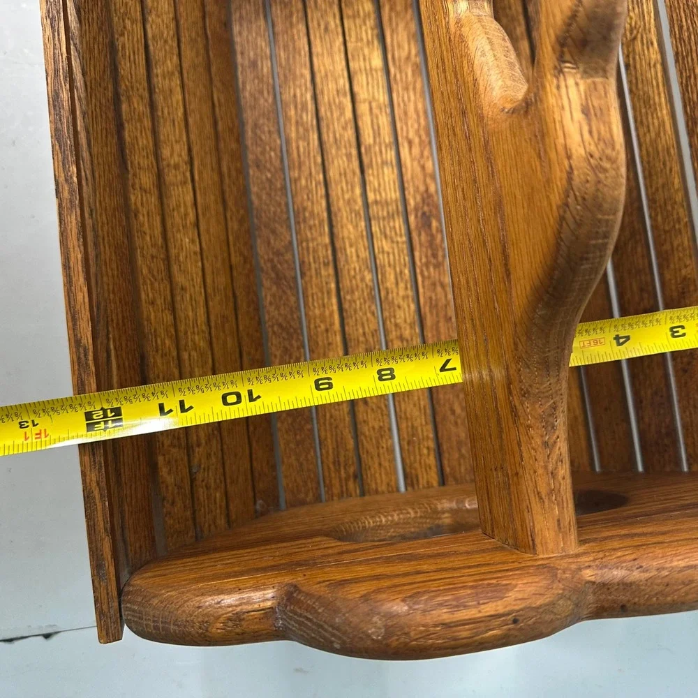 Hale Woodworking Vintage Oak Wood Magazine Rack Heart Handle Slatted Book Caddy